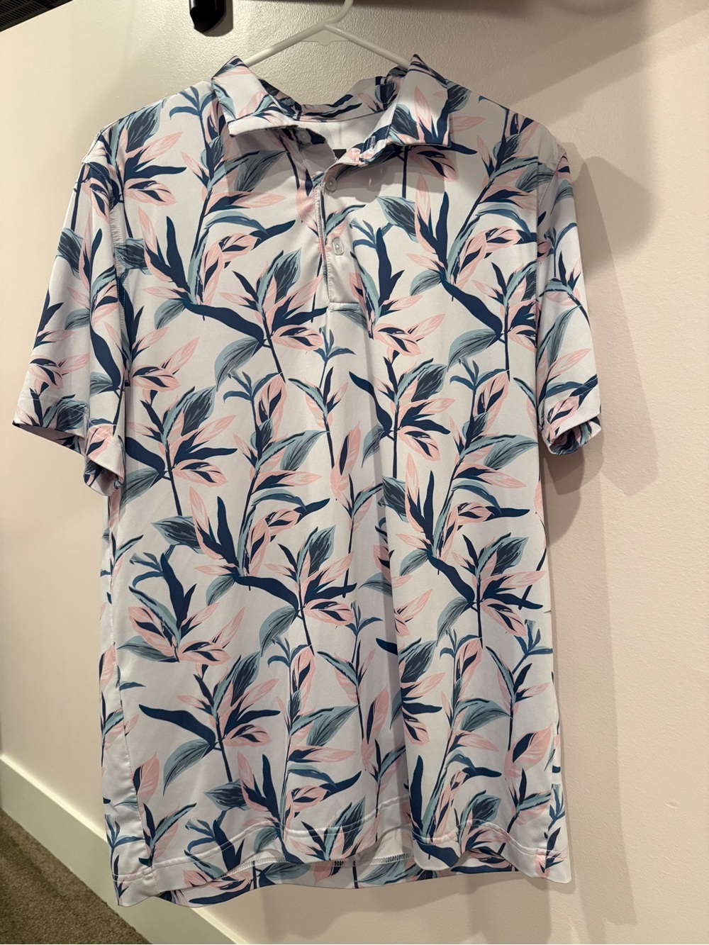 Men's Light Blue Floral Polo with Navy & Pink Leaf Print